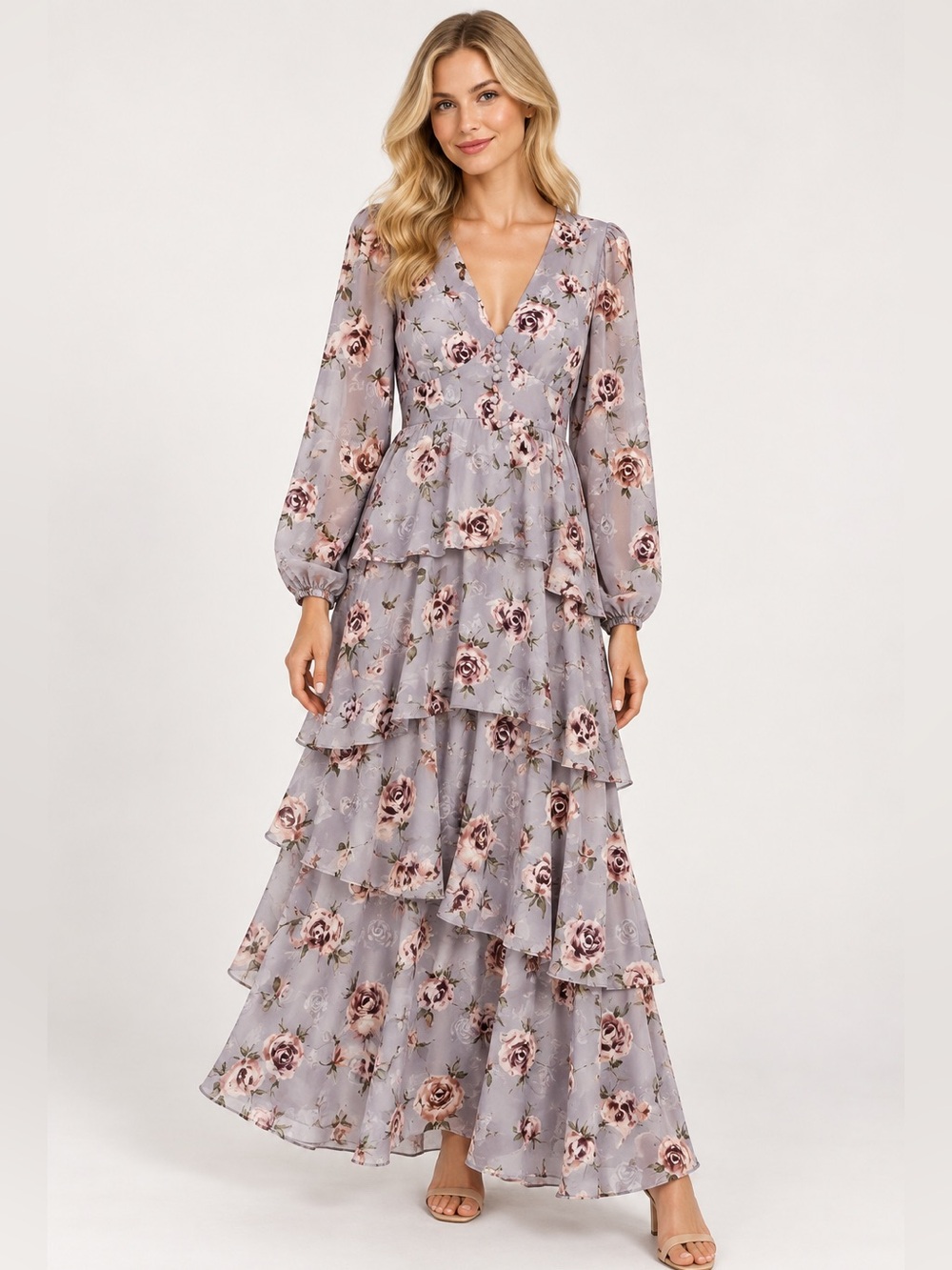 En Saison Lavender Tiered Ruffle Maxi Dress with Rose Print Size Small